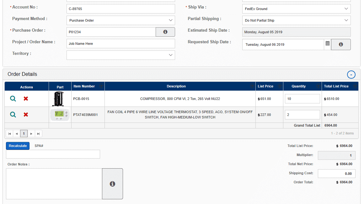 The eRep Parts Sales purchase order screen showcases details for two items: a compressor and fan coil. Total due is $6950.00. It also includes shipping information and actions for editing or deleting the items.