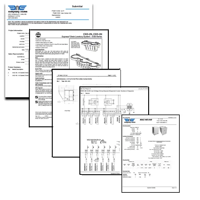 A stack of five technical specification sheets, crafted with the eRep Product Document Generator, boasts diagrams and tables detailing electrical components and installation instructions. The company logo and header prominently adorn the top page.