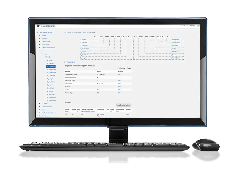 The computer monitor showcases the eRep Product Selector software interface, complete with menus and data tables. A sleek black keyboard and mouse sit ready for action in front of the screen.