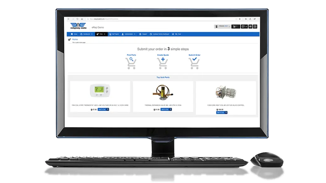 A computer screen showcases the eRep Parts Sales online ordering interface, featuring options to view, create, and submit quotes. Displayed alongside are images of a thermostat, valve, and fan motor parts. A keyboard and mouse complete this seamless experience.