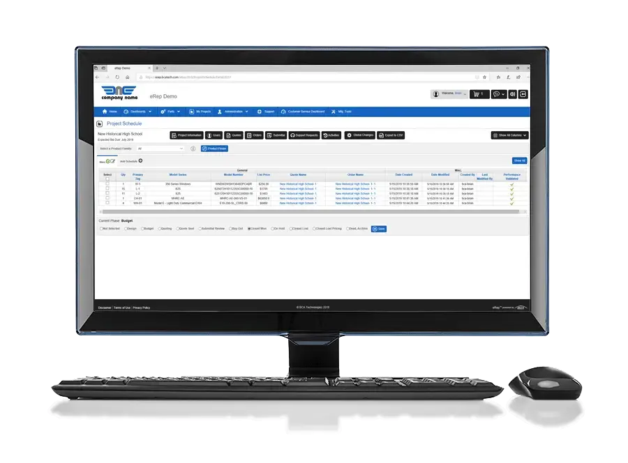 A computer monitor showcases a project management software interface, integrated with eRep CPQ Software, detailing a project schedule with columns for date, task, and budget. A keyboard and mouse are positioned in front.