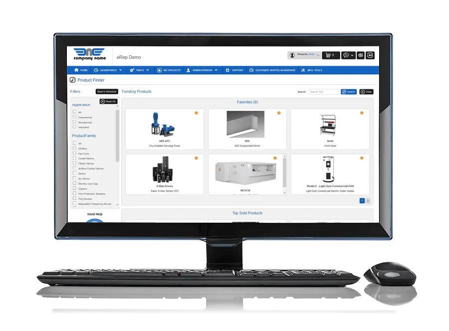 A computer monitor featuring the eRep Product Selector showcases an e-commerce interface with product images, filters, and categories. A keyboard and mouse rest in front, ready for seamless navigation.